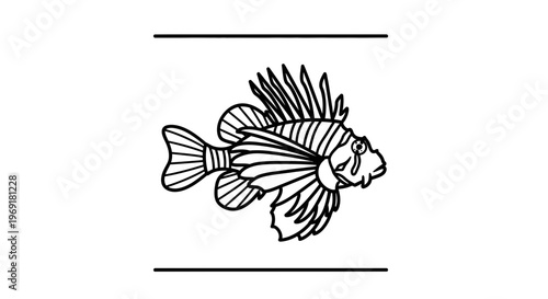 Illustrative monochrome depiction of a majestic lionfish showcasing its intricate fin structure