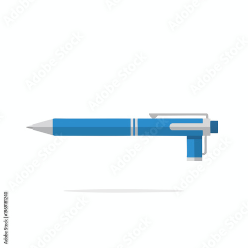 Blue ballpoint pen with silver trim, clip, and tip on white background
