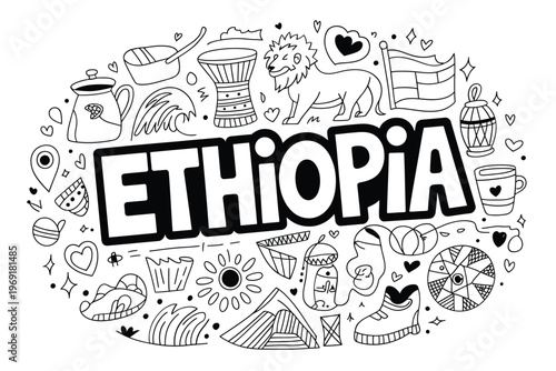 Ethiopia A doodle illustration showcasing cultural symbols and national pride