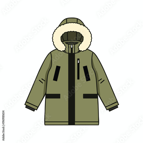 Olive green winter parka with fur-lined hood and zippered pockets