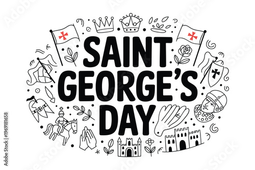 Saint George s Day illustration with flags a dragon and heraldic symbols
