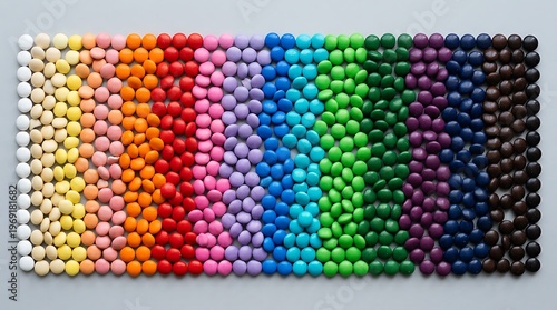 Colorful candy pieces arranged in a smooth gradient pattern from light to dark tones, creating a bright and playful visual background.