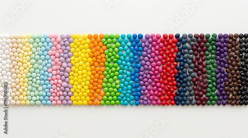 Colorful candy pieces arranged in a smooth gradient pattern from light to dark tones, creating a bright and playful visual background.