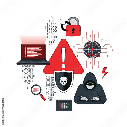Hacker, code, lock, warning, and network symbols highlight cybersecurity threats