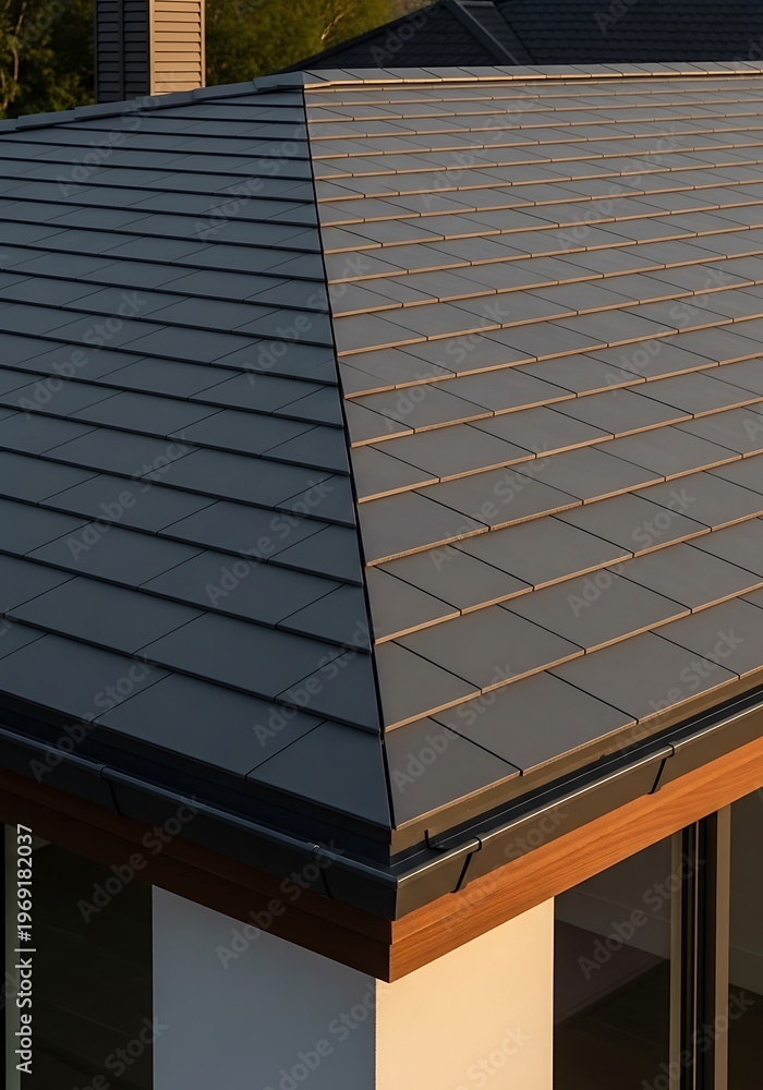 Obraz premium Modern Dark Gray Tiled Roof with Precise Angles and Clean Lines Overhead