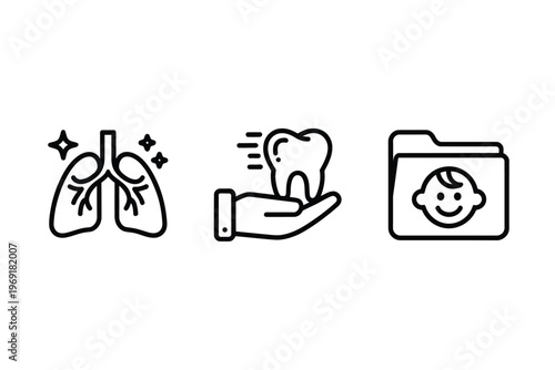 Medical icons depicting lungs a tooth and a child s record