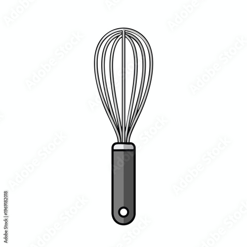 A silver whisk with a dark gray handle and a hanging hole, on a white background