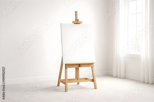 Blank white canvas on a wooden easel in a bright minimalist artist studio with natural light from a window.