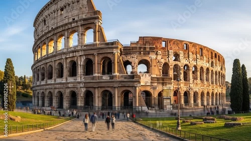 The ancient Colosseum in Rome, Italy, with tourists walking on a sunny day. Perfect for history, travel, and architecture presentations.