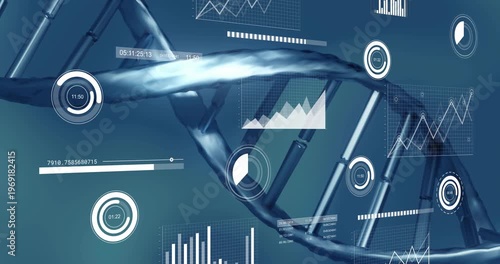 Genomics dashboard receiving live data, animating HUD elements around DNA helix for analysis