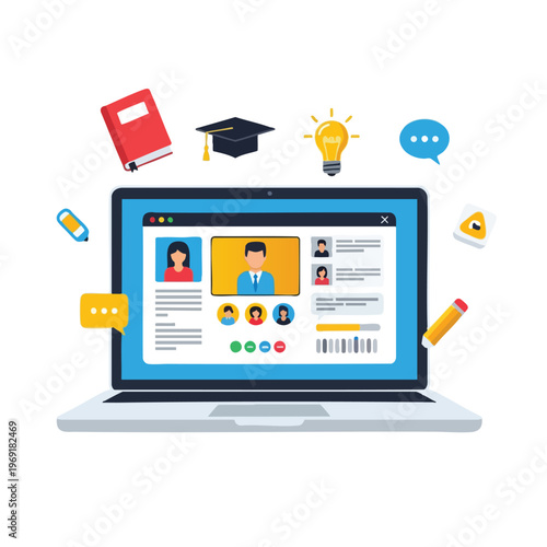 A laptop displays a video conference with educational symbols and icons floating around