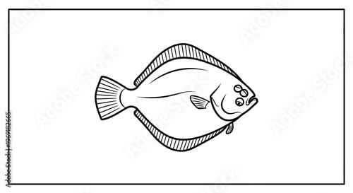 Simple black and white line art illustration of a marine flatfish, perfect for aquatic themes and