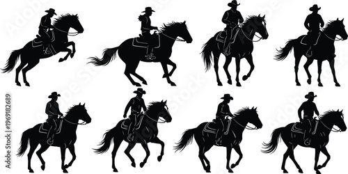 Cowboy horse riding silhouettes collection western equestrian action poses isolated black vector set depicting ranch lifestyle and dynamic motion scenes