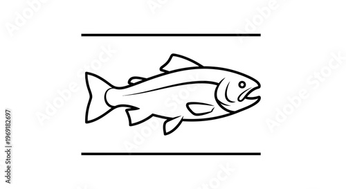 Minimalist black and white line art illustration of a sleek fish swimming between horizontal borders