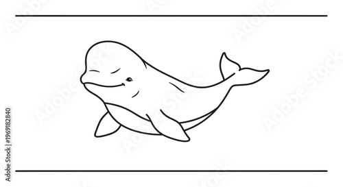 Charming minimalist beluga whale swimming with a happy expression line art illustration for