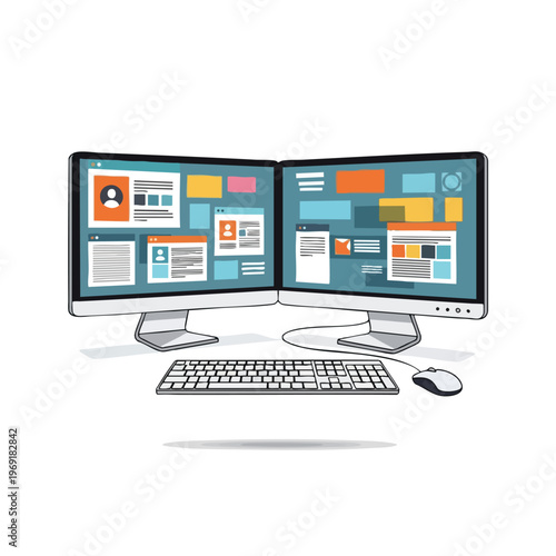 Dual computer monitors displaying web pages and interfaces