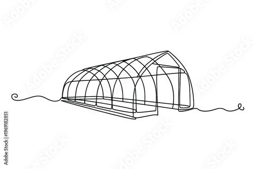 Minimalist line drawing depicts a greenhouse structure with arched roof