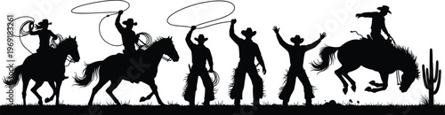 Cowboy silhouette set with horse riding lasso action western ranch scene isolated on white background vector illustration for design