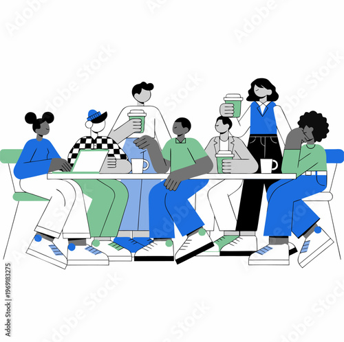 Casual Group Discussion and Social Interaction Flat Vector Illustration A vibrant flat vector illustration of a diverse group of people sitting at a table, enjoying coffee and casual conversation. Thi