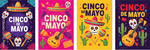A collection of vibrant Cinco de Mayo celebration posters, card featuring festive illustrations of sombreros, calaveras, and musical instruments.