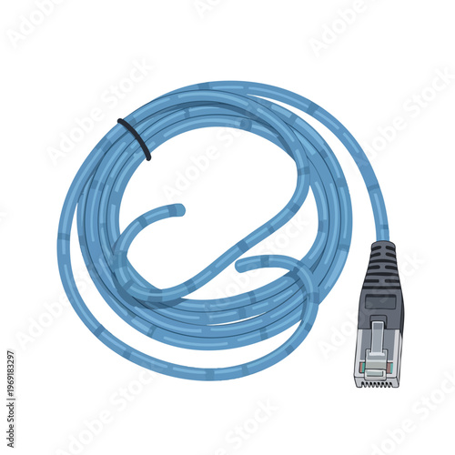 Blue network cable coiled with one connector visible