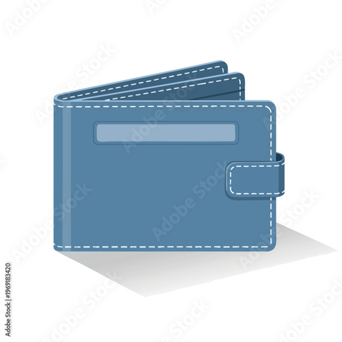 A blue bi-fold wallet with white stitching is shown isolated on a white background