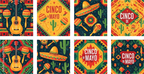 A vibrant collection of eight graphic designs celebrating Cinco de Mayo, featuring traditional Mexican instruments, sombreros, and festive patterns.