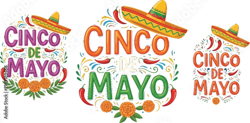 Vibrant Cinco de Mayo celebration design featuring colorful lettering, traditional sombreros, red chili peppers, and marigold flowers illustration