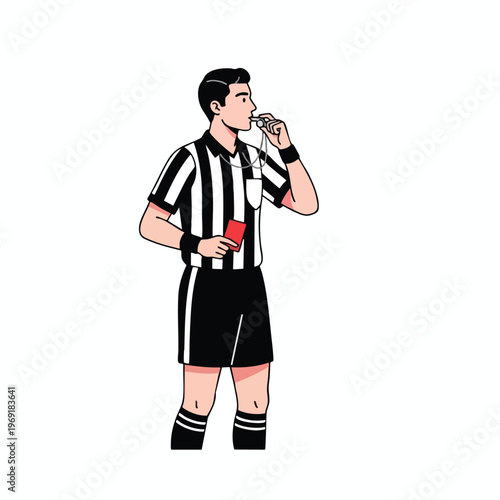 Male referee in striped uniform blows whistle holding a red card, on white