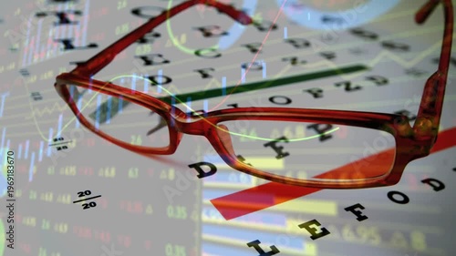 Vertical video: Camera gliding, centering red-framed glasses over eye chart to show market tickers