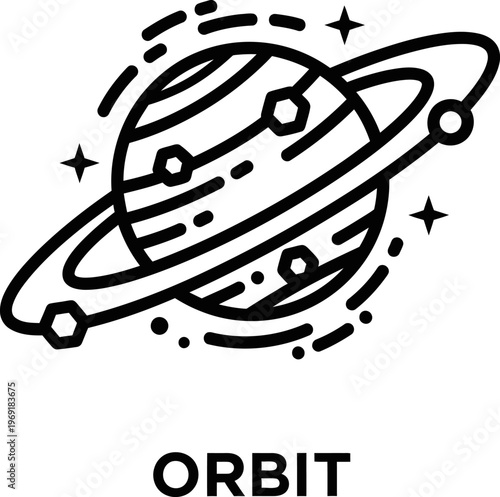 Stylized outline icon of a celestial planet with a prominent ring system, illustrating an orbital path surrounded by stars, representing space, astronomy, and cosmic exploration