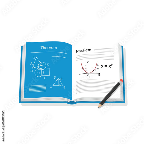 Open textbook with math formulas, geometric shapes, and a pencil