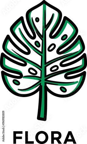 A vibrant, stylized illustration of a tropical Monstera deliciosa leaf, showcasing nature's beauty with a distinct botanical outline