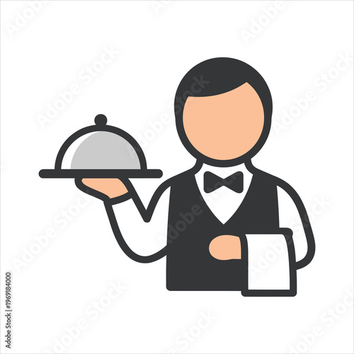 Illustration of a professional waiter in a vest and bowtie holding a silver serving cloche