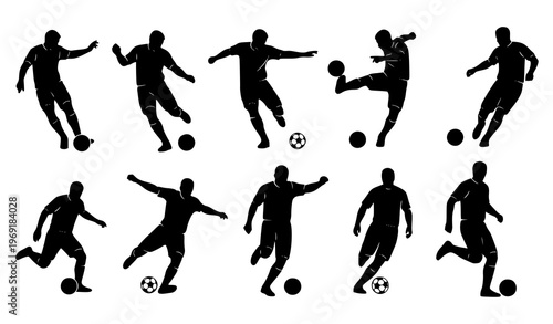 Football player kicking ball silhouette icon set black soccer action poses vector collection