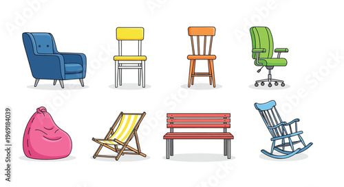 Colorful assortment of various seating options including chairs and benches
