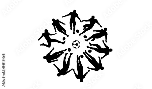 Football player silhouette circle composition kicking ball black soccer icon emblem vector design
