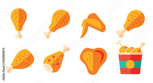 Colorful illustration of various fried chicken pieces and a chicken bucket