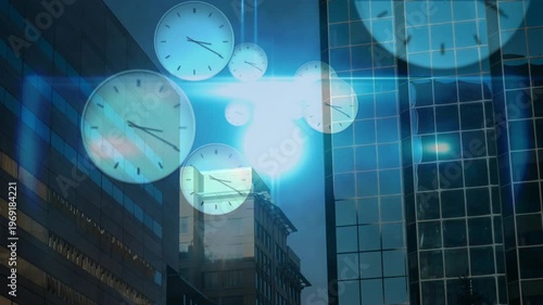 Clocks fading, drifting across canyon, blue flare pulsing, reflecting on glass for business time