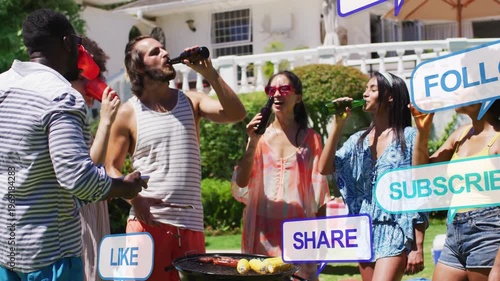 Grill cook tapping phone while group sipping by pool, social badges rising over grill for marketing