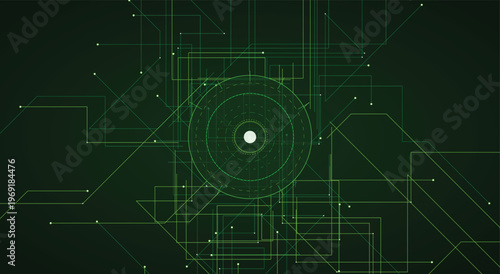 High tech abstract digital background featuring glowing green network lines and central geometric target node for futuristic computing software visualization presentation vector design