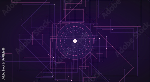 Dynamic cyber security data stream network background with dark purple connecting lines and futuristic geometric elements for innovative tech startup software layout vector illustration