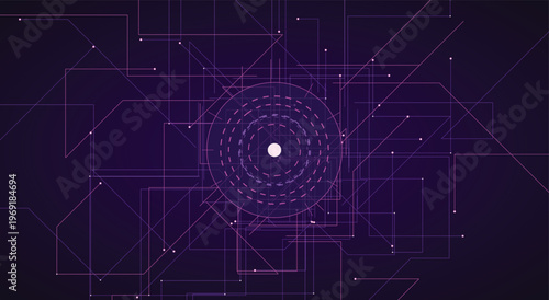 Abstract futuristic digital network background featuring dark purple glowing circuit lines and central node for modern technology presentation and cyber security web vector design