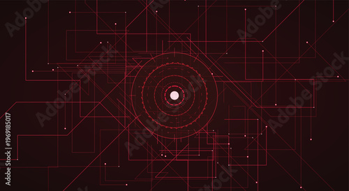 Futuristic telecommunication matrix background with dark red glowing nodes and intersecting circuit lines for innovative tech corporate presentation or digital banner vector design