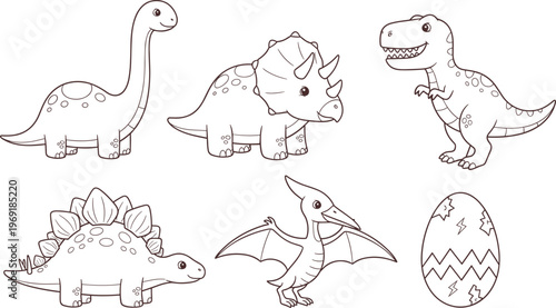 Cute dinosaur cartoon outline vector set with triceratops brachiosaurus tyrannosaurus stegosaurus pterodactyl and egg illustration for kids coloring pages