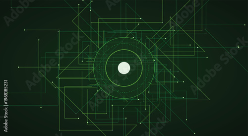 Modern aesthetic cyber security background featuring glowing green circuit board lines and target node for dynamic software interface layout and futuristic coding vector design