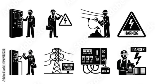 Electrical Hazard and Electrician Safety Silhouette Icon Set High Voltage Vector Isolated on White