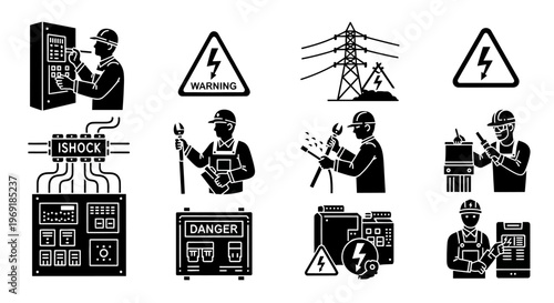 Electrical Hazard and Electrician Safety Silhouette Icon Set High Voltage Vector Isolated on White