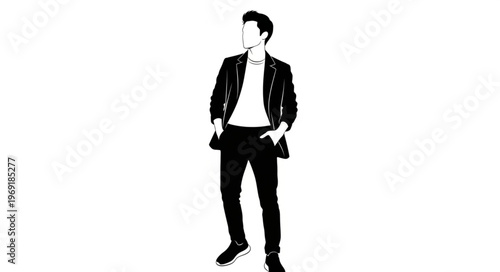 Stylish man in leather jacket looking away with hands in pockets.