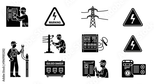Electrical Hazard and Electrician Safety Silhouette Icon Set High Voltage Vector Isolated on White